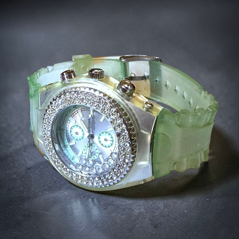 Geneva Quartz Watch Green Plastic Rhinestone Bezel Dial Faux Chronograph Works